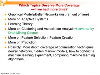Which Topics Deserve More Coverage
—if we had more time?
 Graphical Models/Belief Networks (just ran out of time)
 More on Adaptive Systems
 Learning Theory
 More on Clustering and Association Analysiscovered by
Data Mining Course
 More on Feature Selection, Feature Creation
 More on Prediction
 Possibly: More depth coverage of optimization techniques,
neural networks, hidden Markov models, how to conduct a
machine learning experiment, comparing machine learning
algorithms,…
Alpydin & Ch. Eick: ML Topic1
21
 