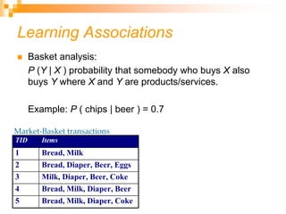 Learning Associations
 Basket analysis:
P (Y | X ) probability that somebody who buys X also
buys Y where X and Y are products/services.
Example: P ( chips | beer ) = 0.7
Market-Basket transactions
TID Items
1 Bread, Milk
2 Bread, Diaper, Beer, Eggs
3 Milk, Diaper, Beer, Coke
4 Bread, Milk, Diaper, Beer
5 Bread, Milk, Diaper, Coke
 