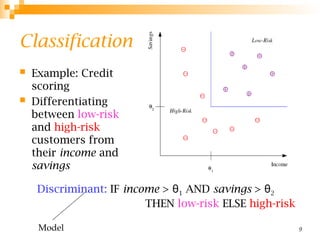 9
Classification
 Example: Credit
scoring
 Differentiating
between low-risk
and high-risk
customers from
their income and
savings
Discriminant: IF income > θ1 AND savings > θ2
THEN low-risk ELSE high-risk
Model
 
