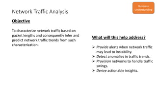 Network Traffic Analysis
Objective
To characterize network traffic based on
packet lengths and consequently infer and
predict network traffic trends from such
characterization.
What will this help address?
 Provide alerts when network traffic
may lead to instability.
 Detect anomalies in traffic trends.
 Provision networks to handle traffic
swings.
 Derive actionable insights.
Business
Understanding
 