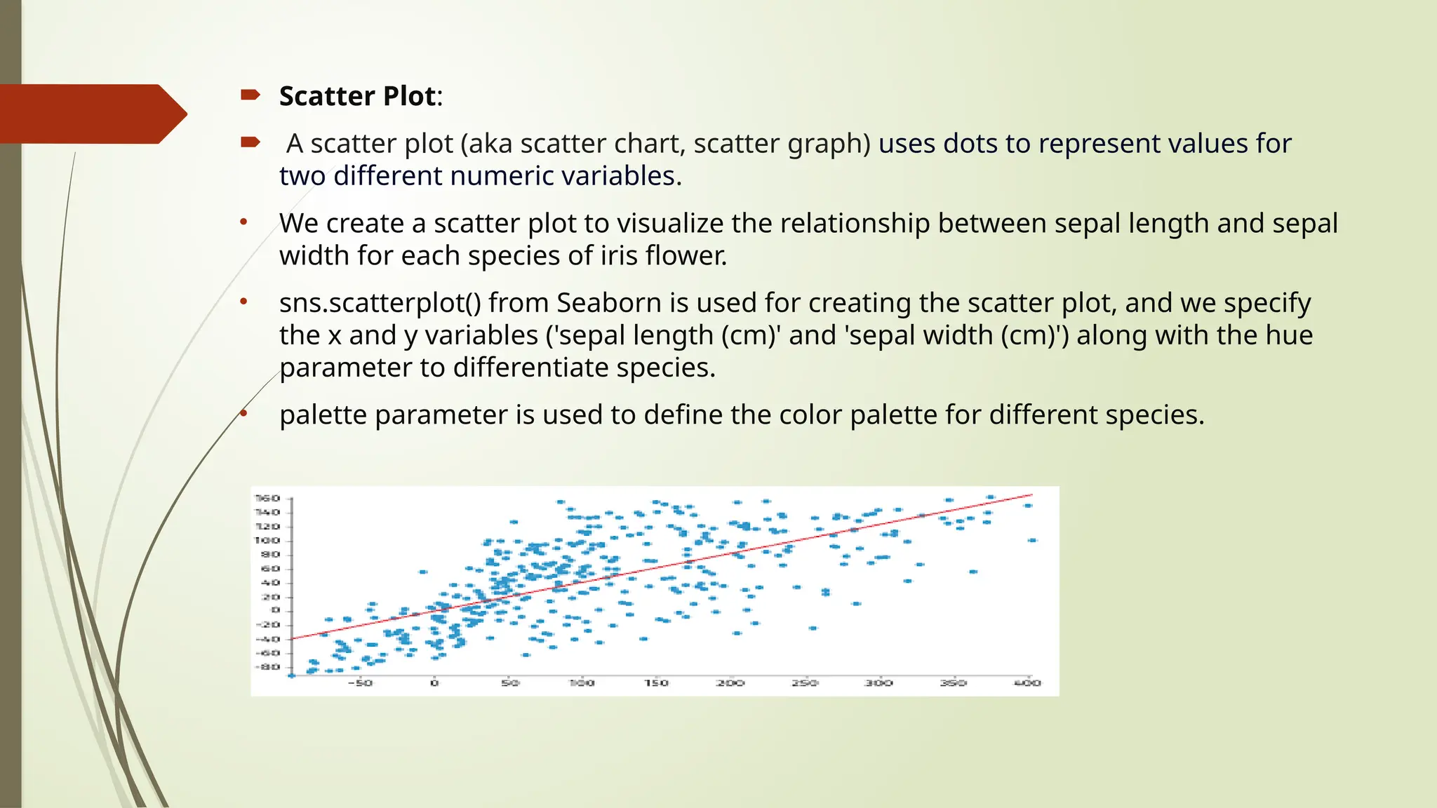  Scatter Plot:
 A scatter plot (aka scatter chart, scatter graph) uses dots to represent values for
two different numeric variables.
• We create a scatter plot to visualize the relationship between sepal length and sepal
width for each species of iris flower.
• sns.scatterplot() from Seaborn is used for creating the scatter plot, and we specify
the x and y variables ('sepal length (cm)' and 'sepal width (cm)') along with the hue
parameter to differentiate species.
• palette parameter is used to define the color palette for different species.
 