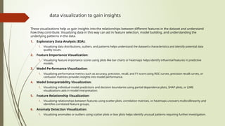 data visualization to gain insights
These visualizations help us gain insights into the relationships between different features in the dataset and understand
how they contribute. Visualizing data in this way can aid in feature selection, model building, and understanding the
underlying patterns in the data.
1. Exploratory Data Analysis (EDA):
1. Visualizing data distributions, outliers, and patterns helps understand the dataset's characteristics and identify potential data
quality issues.
2. Feature Importance Visualization:
1. Visualizing feature importance scores using plots like bar charts or heatmaps helps identify influential features in predictive
models.
3. Model Performance Visualization:
1. Visualizing performance metrics such as accuracy, precision, recall, and F1-score using ROC curves, precision-recall curves, or
confusion matrices provides insights into model performance.
4. Model Interpretability Visualization:
1. Visualizing individual model predictions and decision boundaries using partial dependence plots, SHAP plots, or LIME
visualizations aids in model interpretation.
5. Feature Relationship Visualization:
1. Visualizing relationships between features using scatter plots, correlation matrices, or heatmaps uncovers multicollinearity and
identifies correlated feature groups.
6. Anomaly Detection Visualization:
1. Visualizing anomalies or outliers using scatter plots or box plots helps identify unusual patterns requiring further investigation.
 