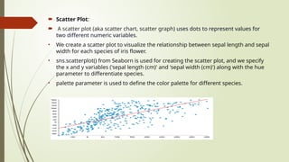  Scatter Plot:
 A scatter plot (aka scatter chart, scatter graph) uses dots to represent values for
two different numeric variables.
• We create a scatter plot to visualize the relationship between sepal length and sepal
width for each species of iris flower.
• sns.scatterplot() from Seaborn is used for creating the scatter plot, and we specify
the x and y variables ('sepal length (cm)' and 'sepal width (cm)') along with the hue
parameter to differentiate species.
• palette parameter is used to define the color palette for different species.
 