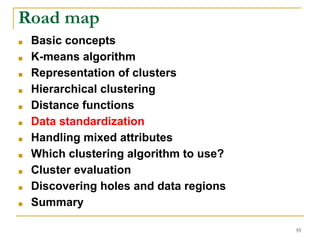 Road map
■ Basic concepts
■ K-means algorithm
■ Representation of clusters
■ Hierarchical clustering
■ Distance functions
■ Data standardization
■ Handling mixed attributes
■ Which clustering algorithm to use?
■ Cluster evaluation
■ Discovering holes and data regions
■ Summary
55
 
