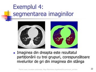22
Exemplul 4:
segmentarea imaginilor
 Imaginea din dreapta este rezultatul
partiționării cu trei grupuri, corespunzătoare
nivelurilor de gri din imaginea din stânga
Florin Leon, Invatare automata, http://florinleon.byethost24.com/curs_ml.htm
 