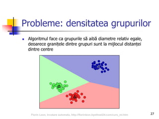 Probleme: densitatea grupurilor
 Algoritmul face ca grupurile să aibă diametre relativ egale,
deoarece granițele dintre grupuri sunt la mijlocul distanței
dintre centre
27Florin Leon, Invatare automata, http://florinleon.byethost24.com/curs_ml.htm
 