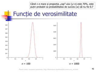 Funcție de verosimilitate
46
n = 100 n = 1000
Când n e mare și proporția „cap”-ului (y/n) este 70%, este
puțin probabil ca probabilitatea de succes (w) să nu fie 0.7
Florin Leon, Invatare automata, http://florinleon.byethost24.com/curs_ml.htm
 
