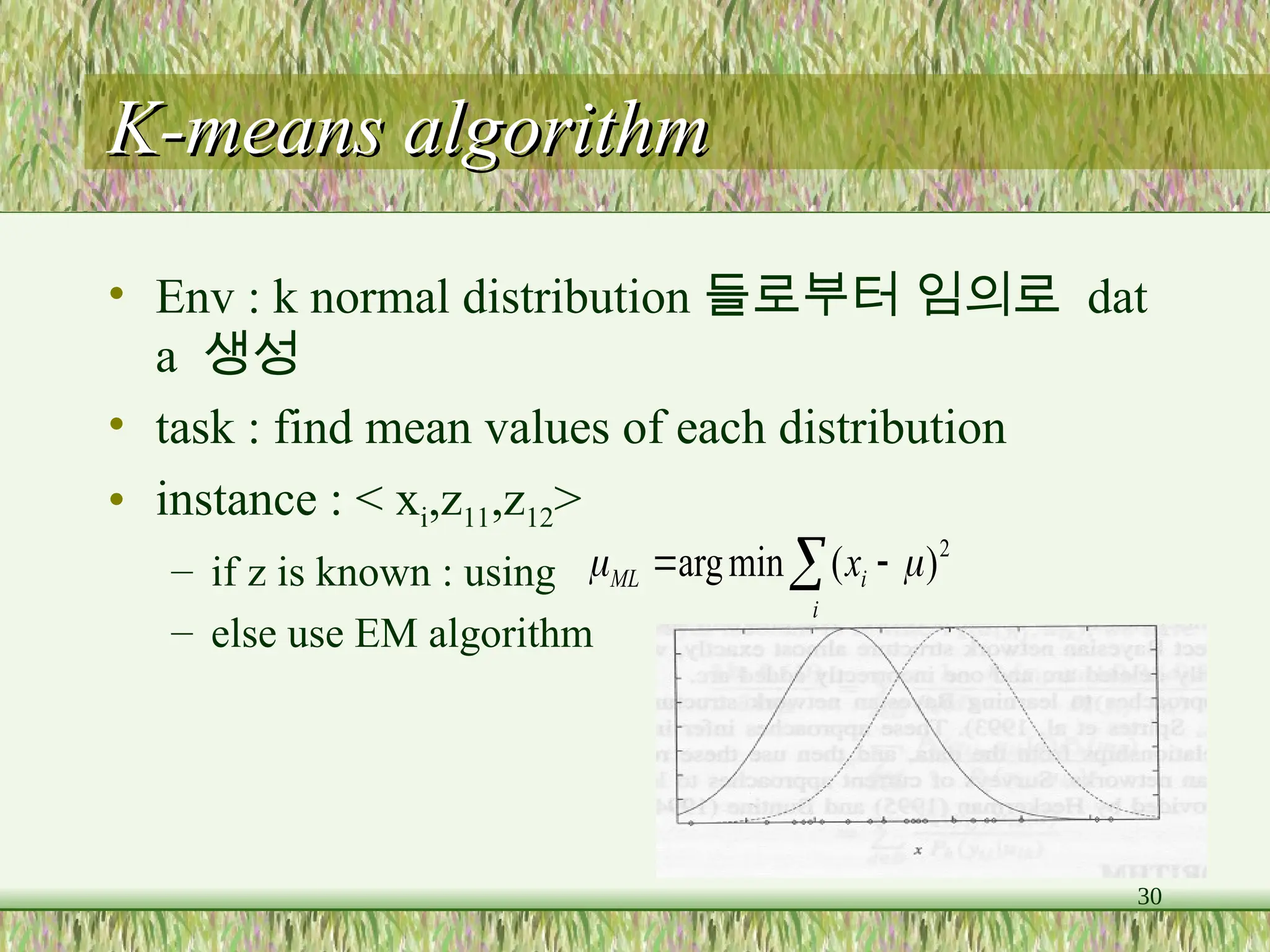 30
K-means algorithm
K-means algorithm
• Env : k normal distribution 들로부터 임의로 dat
a 생성
• task : find mean values of each distribution
• instance : < xi,z11,z12>
– if z is known : using
– else use EM algorithm
i
i
ML x
 
 2
)
(
min
arg 

 