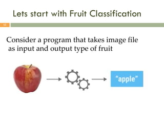 Lets start with Fruit Classification
12
Consider a program that takes image file
as input and output type of fruit
 