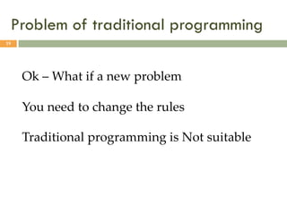 Problem of traditional programming
19
Ok – What if a new problem
You need to change the rules
Traditional programming is Not suitable
 