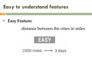 Easy to understand features
50
• Easy Feature:
distance between the cities in miles
 