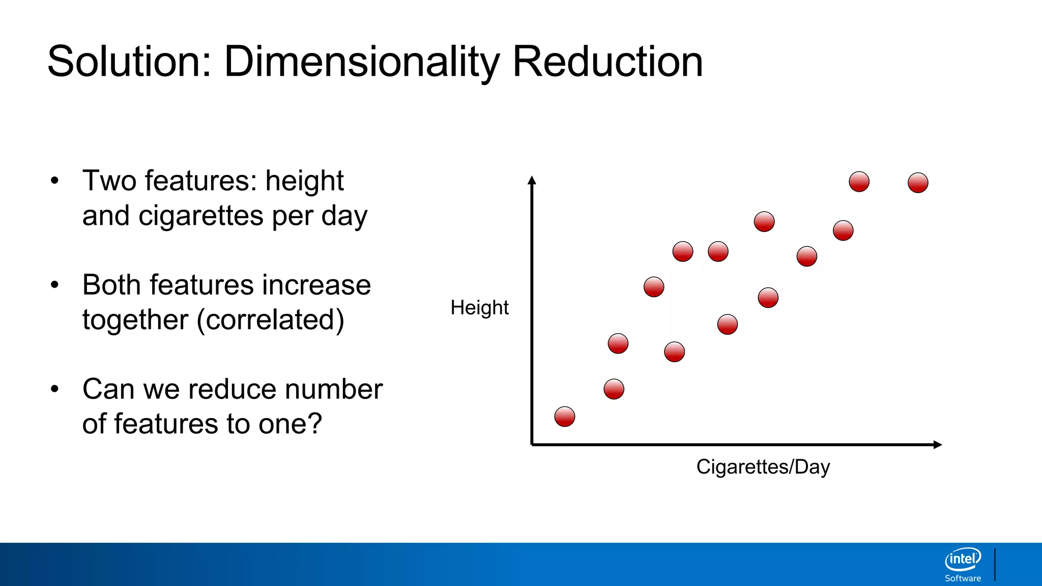 Solution: Dimensionality Reduction
• Two features: height
and cigarettes per day
• Both features increase
together (correlated)
• Can we reduce number
of features to one?
Height
Cigarettes/Day
 