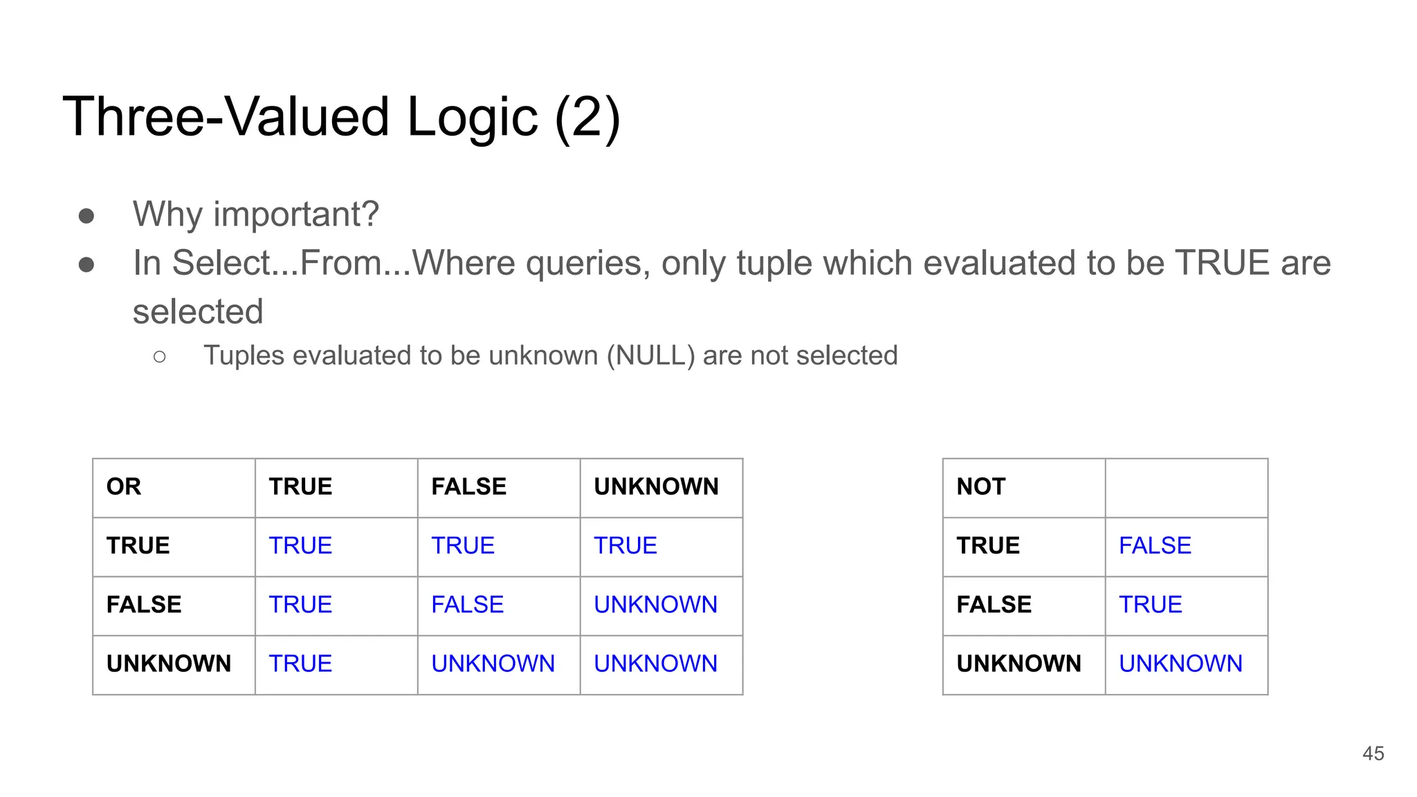 Three-Valued Logic (2)
● Why important?
● In Select...From...Where queries, only tuple which evaluated to be TRUE are
selected
○ Tuples evaluated to be unknown (NULL) are not selected
OR TRUE FALSE UNKNOWN
TRUE TRUE TRUE TRUE
FALSE TRUE FALSE UNKNOWN
UNKNOWN TRUE UNKNOWN UNKNOWN
NOT
TRUE FALSE
FALSE TRUE
UNKNOWN UNKNOWN
45
 