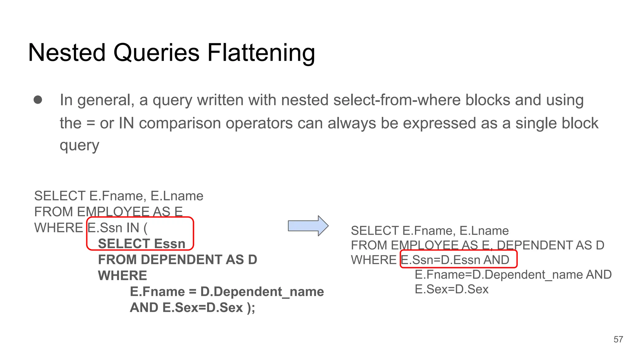 Nested Queries Flattening
● In general, a query written with nested select-from-where blocks and using
the = or IN comparison operators can always be expressed as a single block
query
SELECT E.Fname, E.Lname
FROM EMPLOYEE AS E, DEPENDENT AS D
WHERE E.Ssn=D.Essn AND
E.Fname=D.Dependent_name AND
E.Sex=D.Sex
SELECT E.Fname, E.Lname
FROM EMPLOYEE AS E
WHERE E.Ssn IN (
SELECT Essn
FROM DEPENDENT AS D
WHERE
E.Fname = D.Dependent_name
AND E.Sex=D.Sex );
57
 