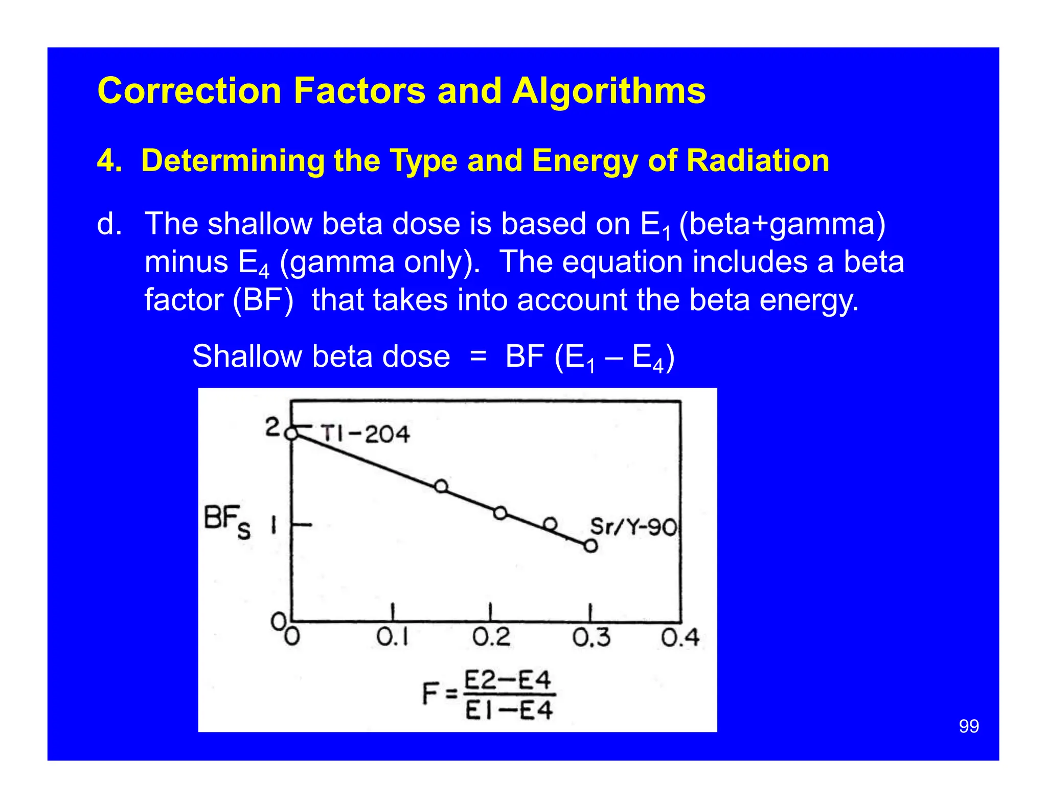 Correction Factors and Algorithms
4. Determining the Type and Energy of Radiation
d. The shallow beta dose is based on E1 (beta+gamma)
minus E4 (gamma only). The equation includes a beta
factor (BF) that takes into account the beta energy.
Shallow beta dose = BF (E1 – E4)
99
 