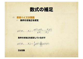 数式の補足
!   単純ベイズ分類器
!   条件付き独立を仮定
条件付き独立を仮定しているので
Zは定数
 