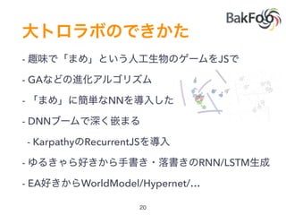 - JS
- GA
- NN
- DNN
- Karpathy RecurrentJS
- RNN/LSTM
- EA WorldModel/Hypernet/…
 