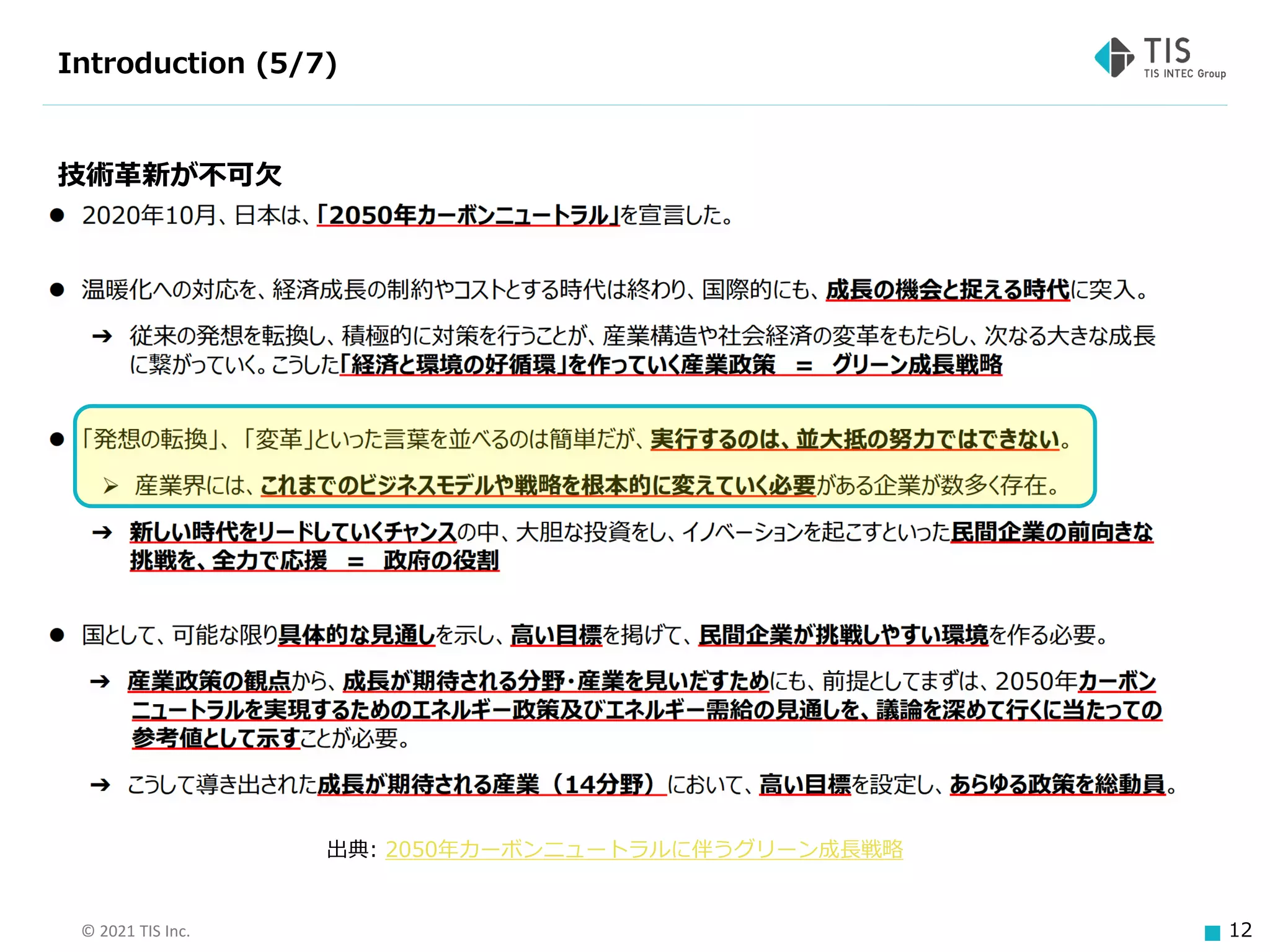 © 2021 TIS Inc. 12
Introduction (5/7)
技術革新が不可欠
出典: 2050年カーボンニュートラルに伴うグリーン成長戦略
 