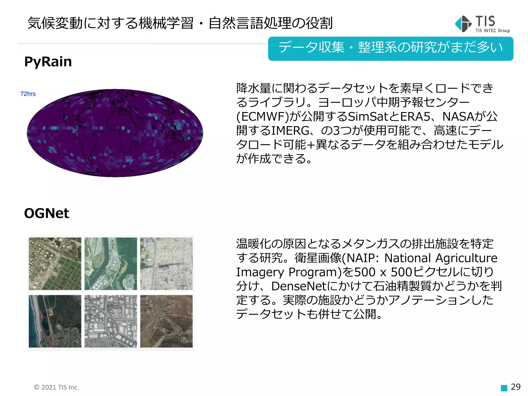 © 2021 TIS Inc. 29
気候変動に対する機械学習・自然言語処理の役割
PyRain
OGNet
降水量に関わるデータセットを素早くロードでき
るライブラリ。ヨーロッパ中期予報センター
(ECMWF)が公開するSimSatとERA5、NASAが公
開するIMERG、の3つが使用可能で、高速にデー
タロード可能+異なるデータを組み合わせたモデル
が作成できる。
温暖化の原因となるメタンガスの排出施設を特定
する研究。衛星画像(NAIP: National Agriculture
Imagery Program)を500 x 500ピクセルに切り
分け、DenseNetにかけて石油精製質かどうかを判
定する。実際の施設かどうかアノテーションした
データセットも併せて公開。
データ収集・整理系の研究がまだ多い
 
