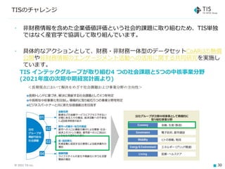 © 2021 TIS Inc. 30
TISのチャレンジ
• 非財務情報を含めた企業価値評価という社会的課題に取り組むため、TIS単独
ではなく産官学で協調して取り組んでいます。
• 具体的なアクションとして、財務・非財務一体型のデータセットCoARiJの無償
公開や非財務情報のエンゲージメント活動への活用に関する共同研究を実施し
ています。
TIS インテックグループが取り組む4 つの社会課題と5つの中核事業分野
(2021年度の次期中期経営計画より)
 