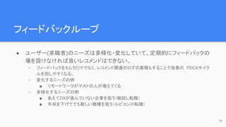 フィードバックループ
● ユーザー(求職者)のニーズは多様化・変化していて、定期的にフィードバックの
場を設けなければ良いレコメンドはできない。
○ フィードバックをもらうだけでなく、レコメンド関連のログの蓄積もすることで改善の PDCAサイク
ルを回しやすくなる。
○ 変化するニーズの例
■ リモートワークがマストの人が増えてくる
○ 多様化するニーズの例
■ あえてDXが進んでいない企業を狙う（腕試し転職）
■ 年収を下げてでも新しい職種を狙う（ルビコン川転職）
18
 