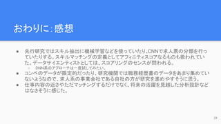 おわりに：感想
● 先行研究ではスキル抽出に機械学習などを使っていたり、
CNNで求人票の分類を行っ
ていたりする。スキルマッチングの定義としてアフィニティスコアなるものも扱われてい
た。データサイエンティストとしては、スコアリングのセンスが問われる。
○ DNN系のアプローチは一度試してみたい。
● コンペのデータが限定的だったり、研究機関では職務経歴書のデータをあまり集めてい
ないようなので、求人系の事業会社である自社の方が研究を進めやすそうに思う。
● 仕事内容の近さやただマッチングするだけでなく、将来の活躍を見越した分析設計など
はなさそうに感じた。
33
 