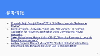 参考情報
● Corné de Ruijt, Sandjai Bhulai(2021), "Job Recommender Systems: A
Review"
● Luiza Sayfullina, Eric Malmi, Yiping Liao, Alex Jung(2017), "Domain
Adaptation for Resume Classiﬁcation Using Convolutional Neural
Networks"
● Saket Maheshwary, Hemant Misra(2018), "Matching Resumes to Jobs via
Deep Siamese Network"
● Akshay Gugnani, Hemant Misra(2020), "Implicit Skills Extraction Using
Document Embedding and Its Use in Job Recommendation"
35
 