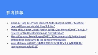 参考情報
● Yiou Lin, Hang Lei, Prince Clement Addo, Xiaoyu Li(2016), "Machine
Learned Resume-Job Matching Solution"
● Meng Zhao, Faizan Javed, Ferosh Jacob, Matt McNair(2015), "SKILL: A
System for Skill Identiﬁcation and Normalization"
● Mesut Kaya and Toine Bogers(2021), “Effectiveness of job title based
embeddings on résumé to job ad recommendation"
● Yuya Matsumura(2022), "事業会社における推薦システム開発事例 /
recsys-in-wantedly-2022"
36
 