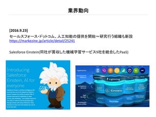 業界動向
[2016.9.23]
セールスフォース・ドットコム、人工知能の提供を開始～研究行う組織も新設
https://markezine.jp/article/detail/25241
Salesforce Einstein(同社が買収した機械学習サービス9社を統合したPaaS)
 