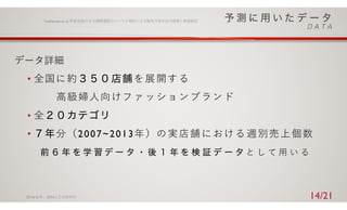 データ詳細
• 全国に約 を展開する
⾼級婦⼈向けファッションブランド
• 全
• 分（2007~2013年）の実店舗における週別売上個数
と し て ⽤ い る
2016/ 6/ 9 2016⼈⼯知能学会
Yoshizawa et.al.季節変動のある購買履歴のフーリエ解析による販売予測⼿法の提案と精度検証
14/21
 