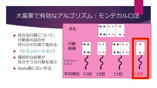 大富豪で有効なアルゴリズム：モンテカルロ法
 各合法行動について、
行動後の試合を
何らかの方策で進める
 （シミュレーション）
 最終的な結果が
良さそうな行動を選ぶ
 Alpha碁に近い手法
手札
行動
候補
平均順位 3.5位 2.9位 2.1位 1.6位
シミュレー
ション
 