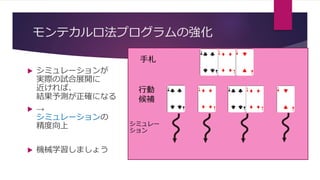 モンテカルロ法プログラムの強化
 シミュレーションが
実際の試合展開に
近ければ、
結果予測が正確になる
 →
シミュレーションの
精度向上
 機械学習しましょう
手札
行動
候補
シミュレー
ション
 