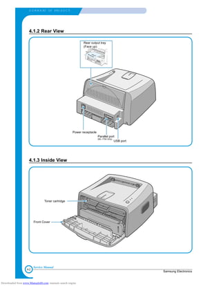 4-2
S U M M A RY OF PRO D U C T
Samsung Electronics
Service Manual
4.1.2 Rear View
Rear output tray
(Face up)
Power receptacle
Parallel port
(ML-1750 Only)
USB port
4.1.3 Inside View
Toner cartridge
Front Cover
Downloaded from www.Manualslib.com manuals search engine
 
