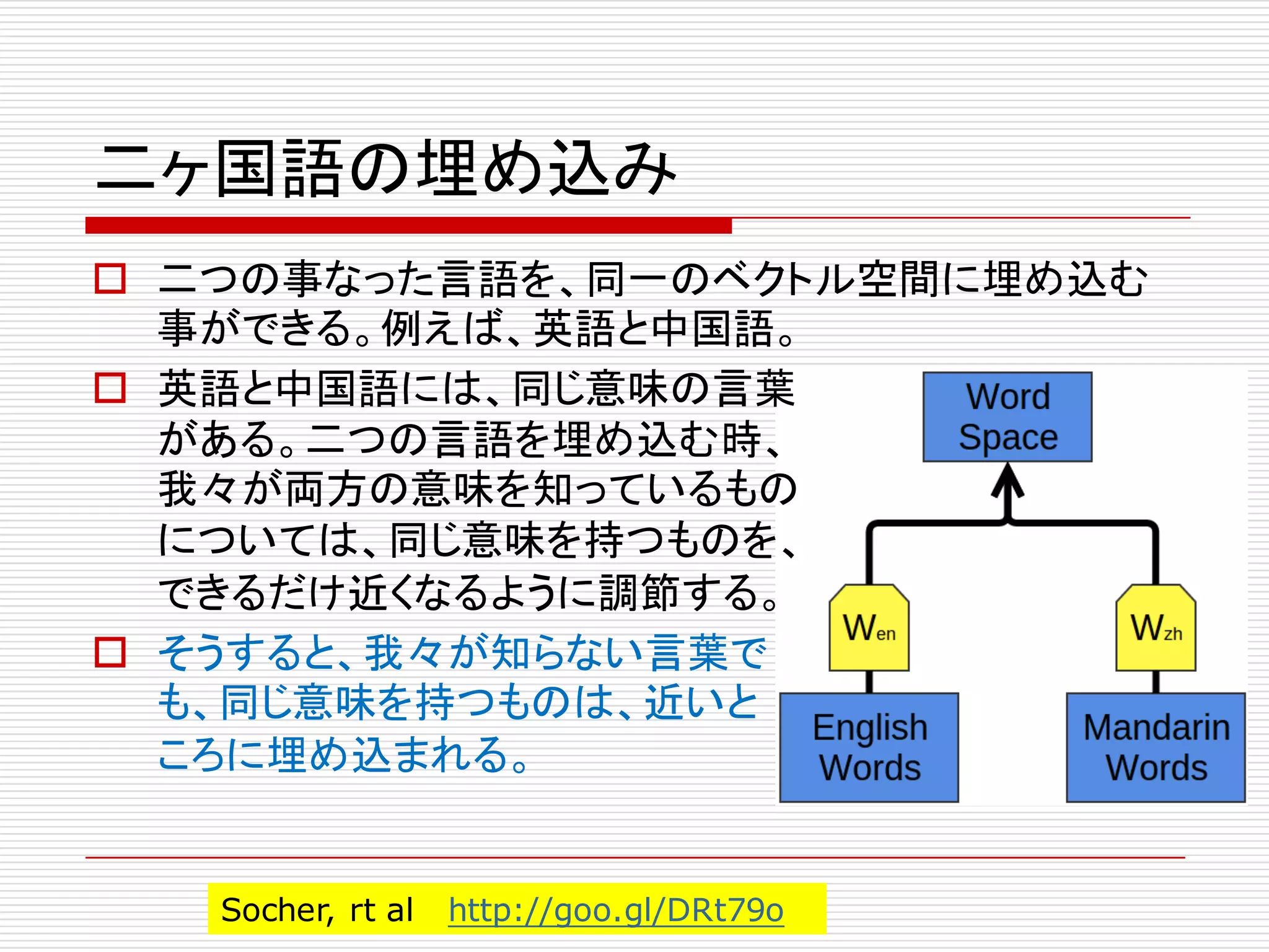 二ヶ国語の埋め込み
o 二つの事なった言語を、同一のベクトル空間に埋め込む
事ができる。例えば、英語と中国語。
o 英語と中国語には、同じ意味の言葉
がある。二つの言語を埋め込む時、
我々が両方の意味を知っているもの
については、同じ意味を持つものを、
できるだけ近くなるように調節する。
o そうすると、我々が知らない言葉で
も、同じ意味を持つものは、近いと
ころに埋め込まれる。
Socher, rt al http://goo.gl/DRt79o
 