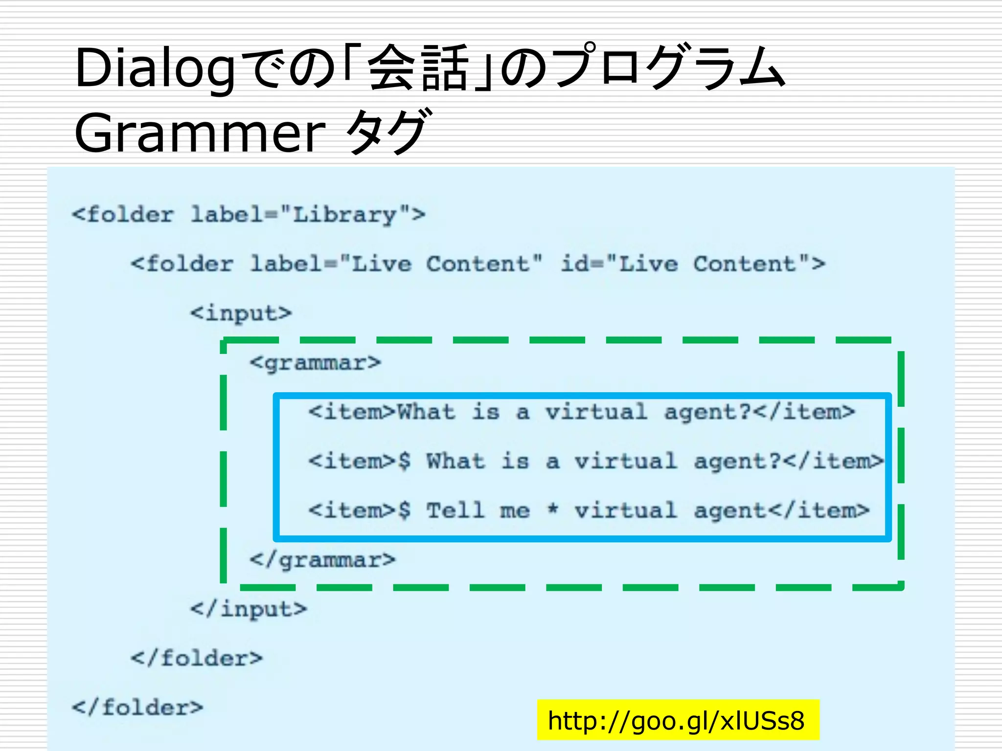 Dialogでの「会話」のプログラム
Grammer タグ
http://goo.gl/xlUSs8
 