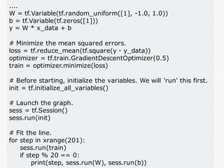 ....
W = tf.Variable(tf.random_uniform([1], -1.0, 1.0))
b = tf.Variable(tf.zeros([1]))
y = W * x_data + b
# Minimize the mean squared errors.
loss = tf.reduce_mean(tf.square(y - y_data))
optimizer = tf.train.GradientDescentOptimizer(0.5)
train = optimizer.minimize(loss)
# Before starting, initialize the variables. We will 'run' this first.
init = tf.initialize_all_variables()
# Launch the graph.
sess = tf.Session()
sess.run(init)
# Fit the line.
for step in xrange(201):
sess.run(train)
if step % 20 == 0:
print(step, sess.run(W), sess.run(b))
 
