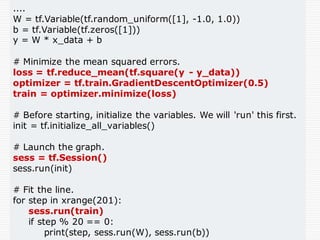 ....
W = tf.Variable(tf.random_uniform([1], -1.0, 1.0))
b = tf.Variable(tf.zeros([1]))
y = W * x_data + b
# Minimize the mean squared errors.
loss = tf.reduce_mean(tf.square(y - y_data))
optimizer = tf.train.GradientDescentOptimizer(0.5)
train = optimizer.minimize(loss)
# Before starting, initialize the variables. We will 'run' this first.
init = tf.initialize_all_variables()
# Launch the graph.
sess = tf.Session()
sess.run(init)
# Fit the line.
for step in xrange(201):
sess.run(train)
if step % 20 == 0:
print(step, sess.run(W), sess.run(b))
 