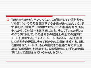 o TensorFlowが、テンソルCの、Cが依存しているあるテン
ソルIについての勾配を計算する必要があったとしよう。ま
ず最初に、計算グラフの中でIからCへの経路を見つける。
それから、CからIへと逆向きに辿る。そしてTensorFlow
のグラフに対して、この逆向きの経路上の全ての演算に
ノードを追加する。チェイン・ルール（結合ルール）を利用
して逆向きの経路にそって部分的な勾配を構成する。新し
く追加されたノードは、もとの前向きの経路で対応する演
算の「勾配関数」を計算する。勾配関数は、いずれかの演
算によって登録されているかもしれない。
 