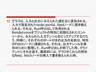 o グラフは、入力と出力に与えられた値を元に変形される。
入力で指定されたnode:portは、feedノードに置き換え
られる。それは、Run呼び出しで利用される
Rendezvousオブジェクトの特別に初期化されたエント
リーから、与えられた入力テンソルをピックアップするだろ
う。同様に、それぞれのポート付きの出力の名前は、特別
のFetchノードに接続される。それは、出力テンソルを保
存のために整理して、Run呼び出しが終了した時、クライ
アントにそれを返す。最終的には、グラフがこれらの特別
なfeed, fetchノードの挿入で書き換えられた時、
 