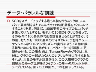 データ・パラレルな訓練
o SGDをスピードアップする最も単純なテクニックは、ミニ
バッチ要素間をまたぐミニバッチの勾配計算をパラレル化
することである。例えば、1000要素のサイズのミニバッチ
を使っていたとすると、モデルの10個のレプリカを使って、
その各々に100要素の勾配を計算させることができる。そ
の後、あたかも、1000要素のサイズのバッチを持つシー
ケンシャルなSDGアルゴリズムの実行のように正確に振
る舞うために勾配を結合して、パラメーターを同期して更
新をかける。この場合では、TensorFlowのグラフは、単
純に、グラフの一部がたくさんのレプリカを持つだけである。
それが、大量のモデル計算を行う。この大規模なグラフの
訓練用のループ全体をクライアントの単一のスレッドがド
ライブしている。図７の上の図が、これを図示している。
 
