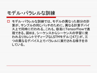 モデル・パラレルな訓練
o モデル・パラレルな訓練では、モデルの異なった部分の計
算が、サンプルの同じバッチのために、異なる計算デバイ
ス上で同時に行われる。これも、容易にTensorFlowで表
現できる。図８は、シーケンスからシーケンスの学習に使
われるリカレントでディープなLSTMモデル（[47]）が、三
つの異なるデバイス上でパラレルに実行される様子を示
している。
 