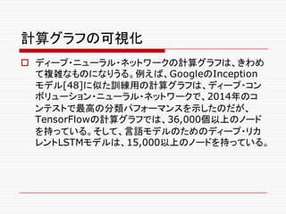 計算グラフの可視化
o ディープ・ニューラル・ネットワークの計算グラフは、きわめ
て複雑なものになりうる。例えば、GoogleのInception
モデル[48]に似た訓練用の計算グラフは、ディープ・コン
ボリューション・ニューラル・ネットワークで、2014年のコ
ンテストで最高の分類パフォーマンスを示したのだが、
TensorFlowの計算グラフでは、36,000個以上のノード
を持っている。そして、言語モデルのためのディープ・リカ
レントLSTMモデルは、15,000以上のノードを持っている。
 