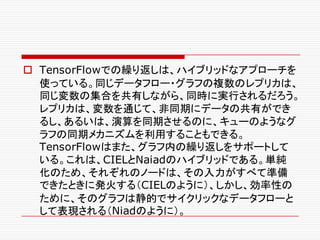 o TensorFlowでの繰り返しは、ハイブリッドなアプローチを
使っている。同じデータフロー・グラフの複数のレプリカは、
同じ変数の集合を共有しながら、同時に実行されるだろう。
レプリカは、変数を通じて、非同期にデータの共有ができ
るし、あるいは、演算を同期させるのに、キューのようなグ
ラフの同期メカニズムを利用することもできる。
TensorFlowはまた、グラフ内の繰り返しをサポートして
いる。これは、CIELとNaiadのハイブリッドである。単純
化のため、それぞれのノードは、その入力がすべて準備
できたときに発火する（CIELのように）、しかし、効率性の
ために、そのグラフは静的でサイクリックなデータフローと
して表現される（Niadのように）。
 