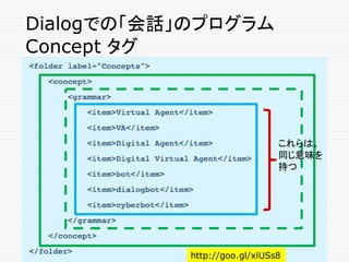 Dialogでの「会話」のプログラム
Concept タグ
これらは。
同じ意味を
持つ
http://goo.gl/xlUSs8
 