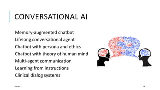 CONVERSATIONAL AI
Memory-augmented chatbot
Lifelong conversational agent
Chatbot with persona and ethics
Chatbot with theory of human mind
Multi-agent communication
Learning from instructions
Clinical dialog systems
12/05/2019 109
vectorstock
 
