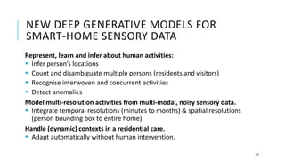 Represent, learn and infer about human activities:
 Infer person’s locations
 Count and disambiguate multiple persons (residents and visitors)
 Recognise interwoven and concurrent activities
 Detect anomalies
Model multi-resolution activities from multi-modal, noisy sensory data.
 Integrate temporal resolutions (minutes to months) & spatial resolutions
(person bounding box to entire home).
Handle (dynamic) contexts in a residential care.
 Adapt automatically without human intervention.
NEW DEEP GENERATIVE MODELS FOR
SMART-HOME SENSORY DATA
116
 