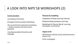 A LOOK INTO NIPS’18 WORKSHOPS (2)
Communication
Learning by Instruction
Emergent Communication Workshop
The second Conversational AI workshop
– today's practice and tomorrow's
potential
Visually grounded interaction and
language
12/05/2019 26
Theories & modelling
Integration of Deep Learning Theories
Relational Representation Learning
Modeling the Physical World: Learning,
Perception, and Control
Impact of AI
Workshop on Ethical, Social and Governance
Issues in AI
AI for social good
 