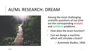 AI/ML RESEARCH: DREAM
12/05/2019 3
tendirectionszen.org
Among the most challenging
scientific questions of our time
are the corresponding analytic
and synthetic problems:
• How does the brain function?
• Can we design a machine
which will simulate a brain?
-- Automata Studies, 1956.
 
