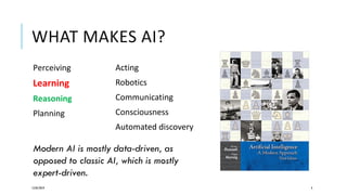 WHAT MAKES AI?
Perceiving
Learning
Reasoning
Planning
12/05/2019 4
Acting
Robotics
Communicating
Consciousness
Automated discovery
Modern AI is mostly data-driven, as
opposed to classic AI, which is mostly
expert-driven.
 