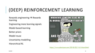 (DEEP) REINFORCEMENT LEARNING
Rewards engineering  Rewards
learning
Engineering more learning signals
Model-based learning
Better priors
Model reuse
Uncertainty modelling
Hierarchical RL
12/05/2019 43
https://www.alexirpan.com/2018/02/14/rl-hard.html
 